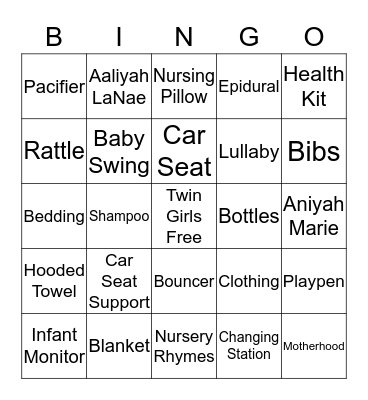 Shani's Baby Shower Bingo Card