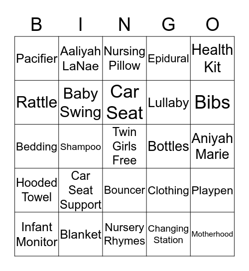 Shani's Baby Shower Bingo Card