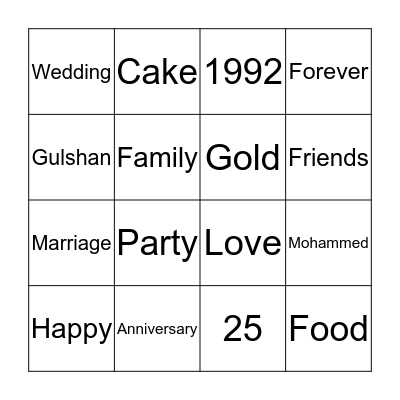 25th Anniversary  Bingo Card