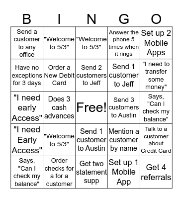 Fifth Third Bingo Card