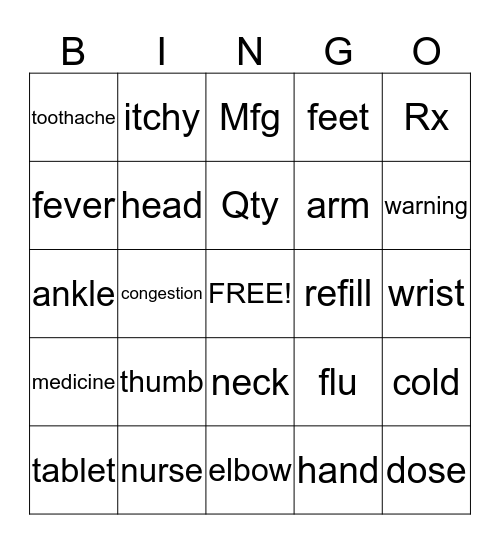 Health and Body Bingo Card