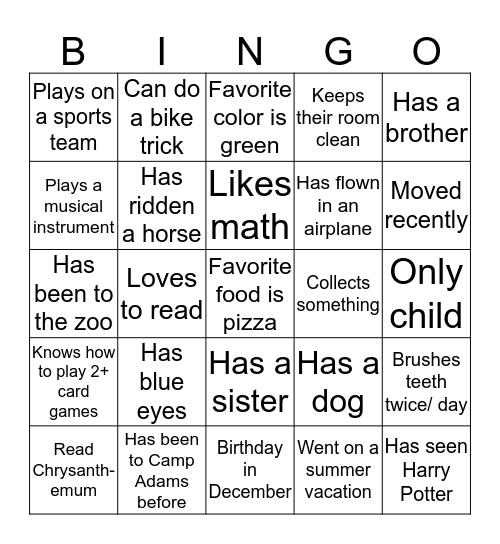Camp Adams Bingo! Bingo Card