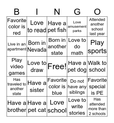 All About Me Bingo Card