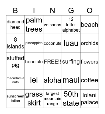Hawaiian Bingo Card