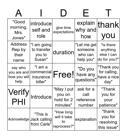 AIDET Bingo Card