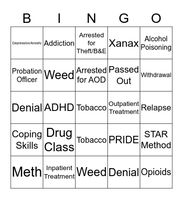 AOD Treatment Bingo Card