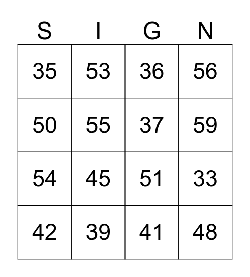 Numbers 30 - 60 Bingo Card