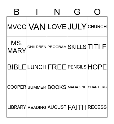 SUMMER READING  Bingo Card