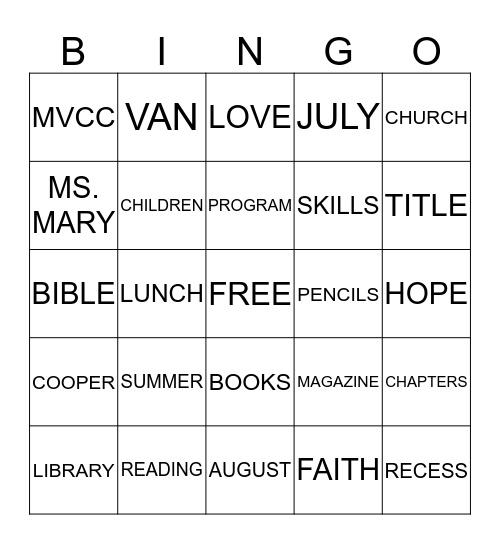 SUMMER READING  Bingo Card