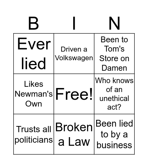 Business Ethics Bingo Card