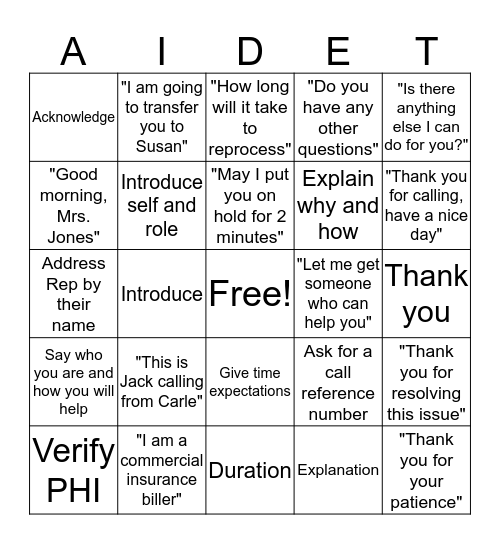 AIDET Bingo Card