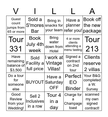 Vintage Villas Sales Bingo!  Bingo Card