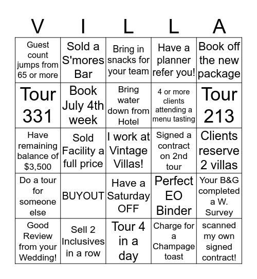 Vintage Villas Sales Bingo!  Bingo Card