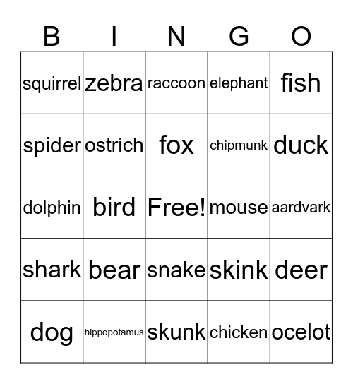 Animals Bingo Card