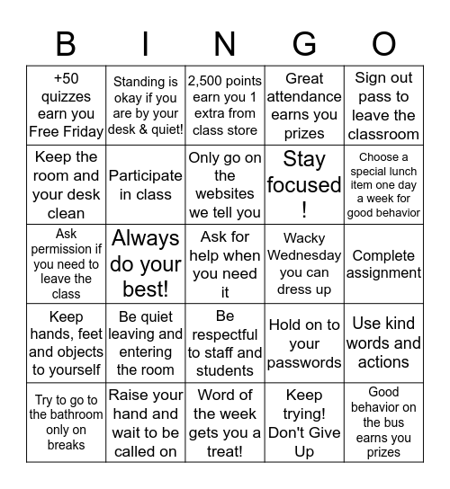 Classroom Rules and Routines Bingo Card