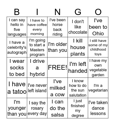 Welcome Back Bingo Card
