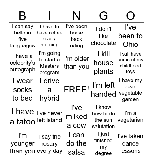 Welcome Back Bingo Card