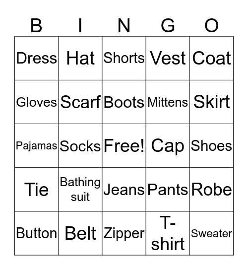 CLOTHING Bingo Card