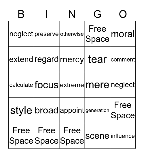 Vocabulary Bingo Card