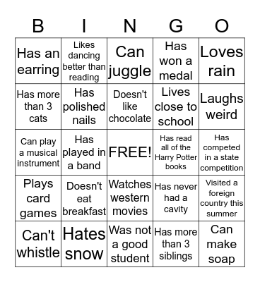Introduction Bingo Card