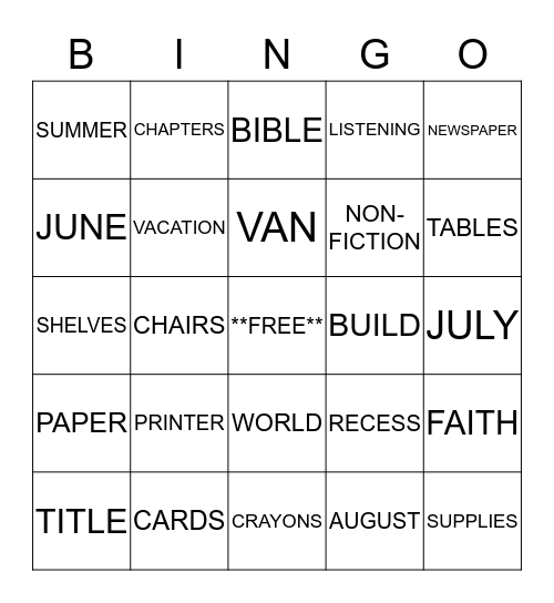 SUMMER READING PROGRAM Bingo Card