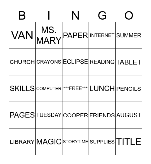 SUMMER READING BINGO Card