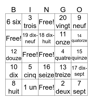 Numbers in French Bingo Card