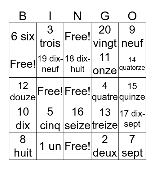 Numbers in French Bingo Card