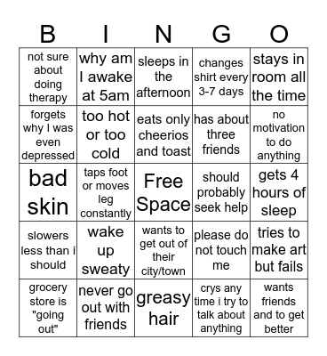 Hate myself bingo Card