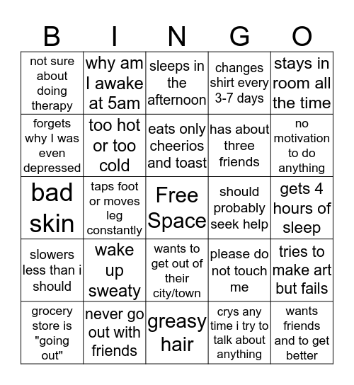 Hate myself bingo Card