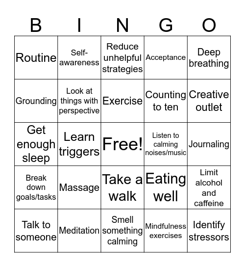 Anxiety Coping Strategies Bingo Card