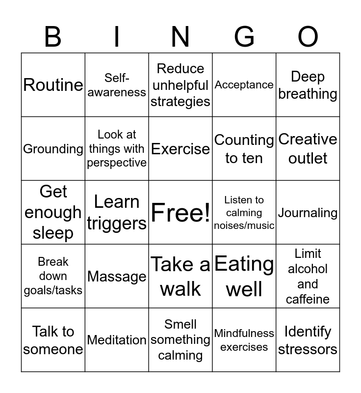 Anxiety Coping Strategies Bingo Card