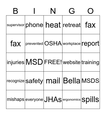 SAFETY Bingo Card