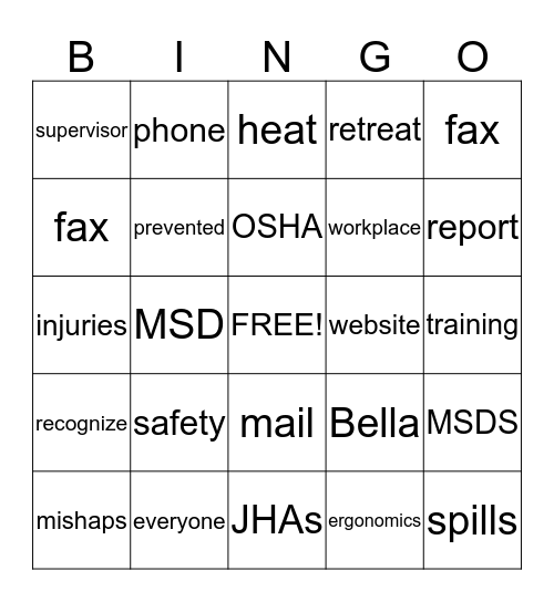 SAFETY Bingo Card