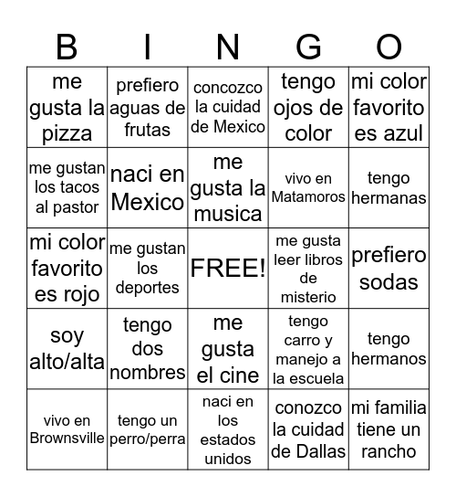 Bienvenido a Espanol II Bingo Card