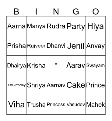 Shriya's 1st Birthday celebration Bingo Card