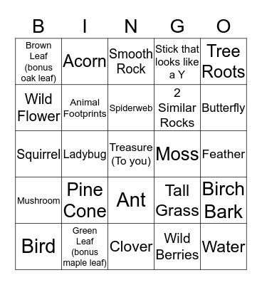 Nature Scavenger Hunt Bingo Card