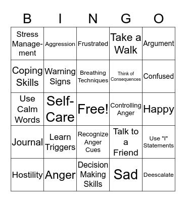 Anger Management Bingo Card