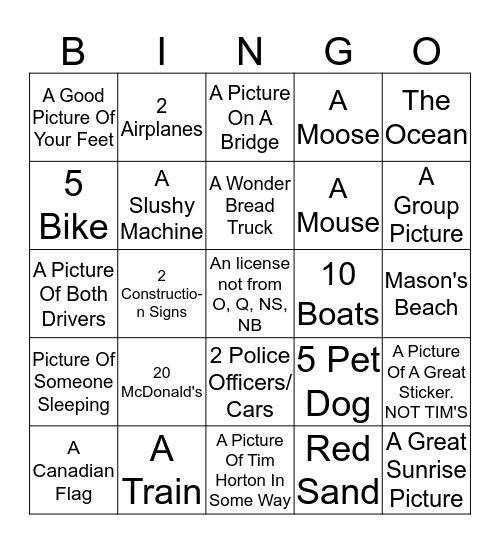 ROAD TRIP Bingo Card