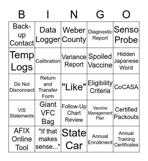 VFC Provider Relations Bingo Card