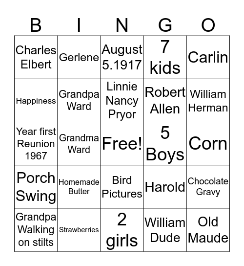 Ward Reunion 2017 Bingo Card