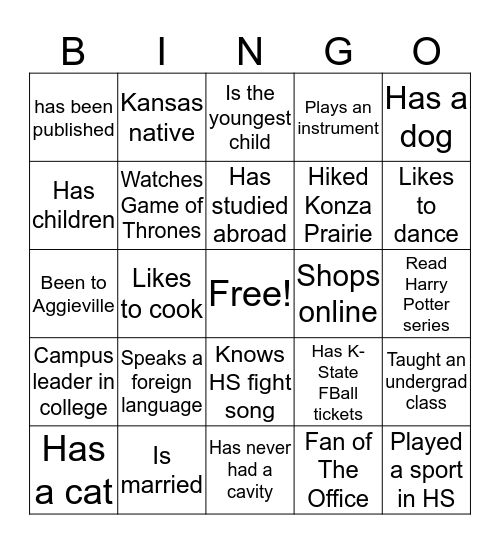 Bingo to Know You  Bingo Card
