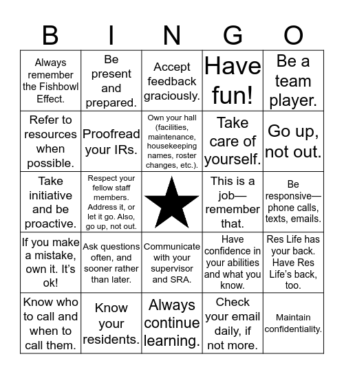 New RA Expectations Bingo Card