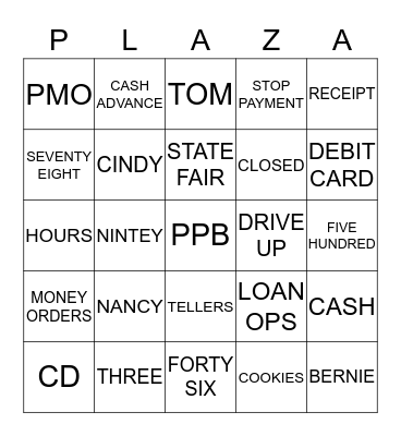 Plaza Bingo  Bingo Card