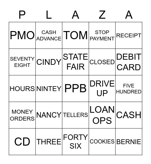 Plaza Bingo  Bingo Card