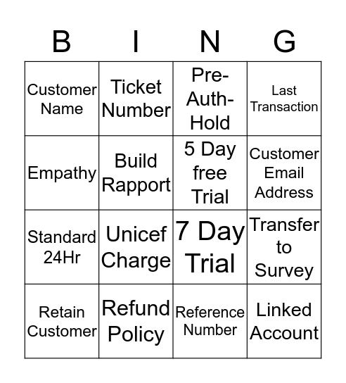 Call Requirement Bingo Card