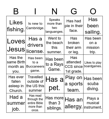 Get to know you Bingo Card