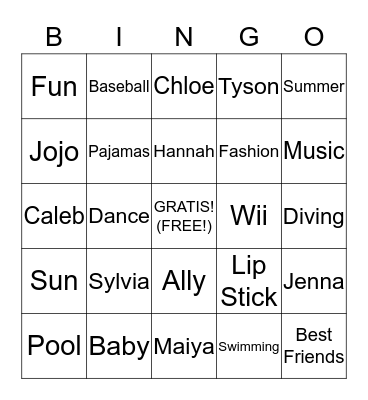 BINGO at Mimi's!!  Bingo Card