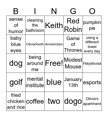 Keith and Olivia Bingo Card