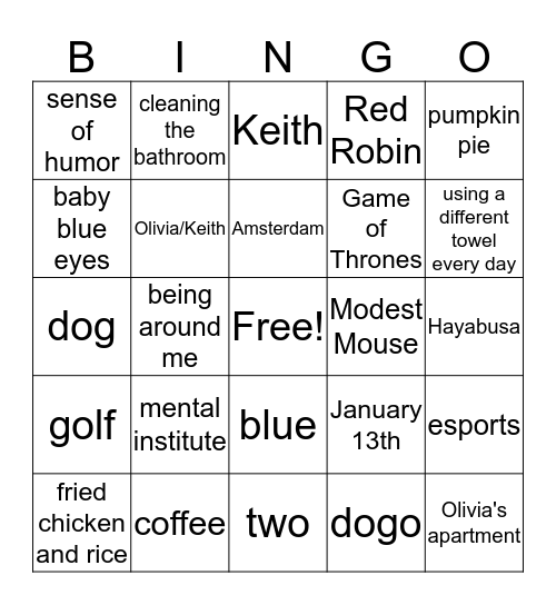 Keith and Olivia Bingo Card